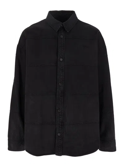 JUUNJ BLACK SHIRT WITH CLASSIC COLLAR AND TONAL LOGO LETTERING EMBROIDERY ON THE FRONT IN DENIM MAN