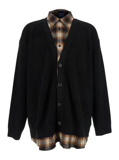 JUUNJ BLACK SWEATER WITH LAYERED DESIGN AND CLASSIC COLLAR IN COTTON AND WOOL BLEND MAN