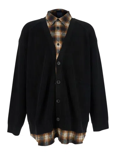 JUUNJ BLACK SWEATER WITH LAYERED DESIGN AND CLASSIC COLLAR IN COTTON AND WOOL BLEND MAN