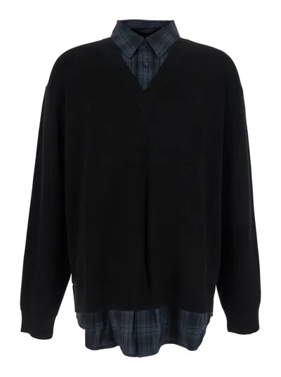 JUUNJ BLACK SWEATER WITH LAYERED DESIGN AND CLASSIC COLLAR IN COTTON AND WOOL BLEND MAN