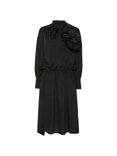 Juunj Corsage-embellished Pussy-bow Midi Dress In Black