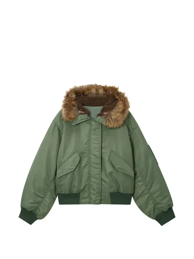 Juunj Faux-fur Hood Bomber Jacket In Green