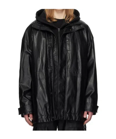 Juunj Hood Detachable Car Faux-leather Coat In Black