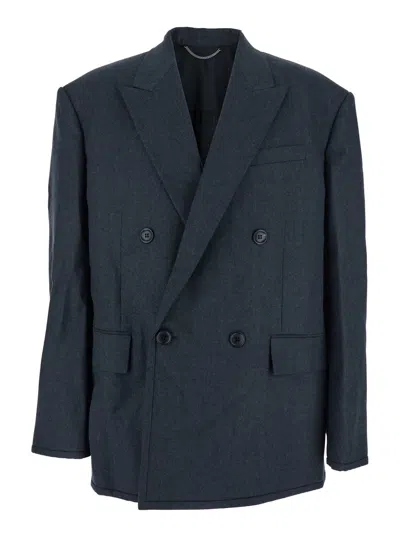 JUUNJ GREY DOUBLE-BREASTED JACKET WITH PEAKED REVERS AND PATCH POCKETS ON FRONT IN WOOL MAN