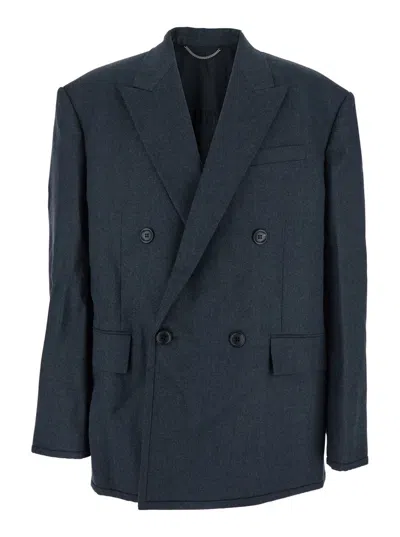 JUUNJ GREY DOUBLE-BREASTED JACKET WITH PEAKED REVERS AND PATCH POCKETS ON FRONT IN WOOL MAN