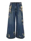 Juunj Oil Washed Distressed Wide Denim Pants In Blu
