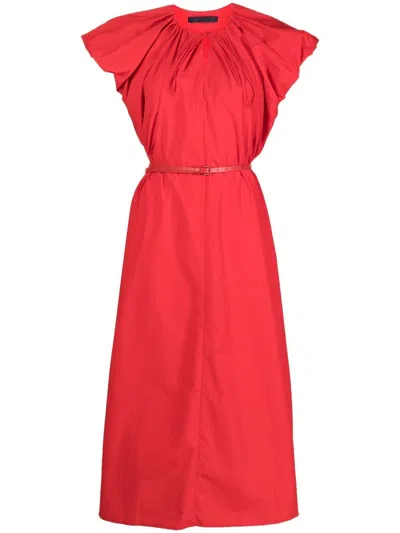 Juunj Puff-sleeve Gathered Midi-dress In Red