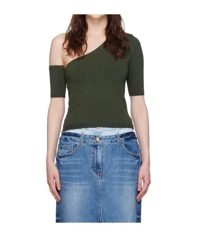 Juunj Ribbed-knit One-shoulder Top In Green