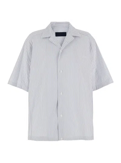 JUUNJ BLUE BOWLING SHIRT WITH CUBAN COLLAR AND ALL-OVER STRIPED MOTIF IN COTTON BLEND MAN