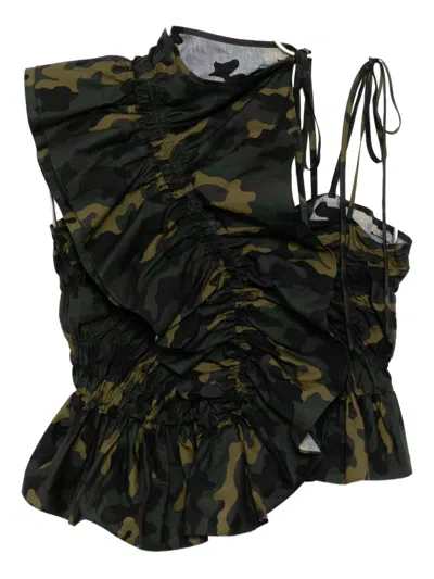 Juunj Unbalanced Camo Shirring Top In Green