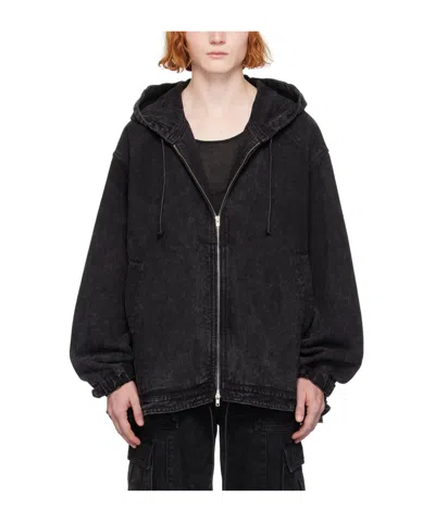 Juunj Zippered Hooded Denim Coat In Black