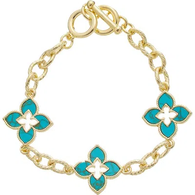 Juvell Mother Of Pearl Quatrefoil Link Bracelet In Teal/ Gold