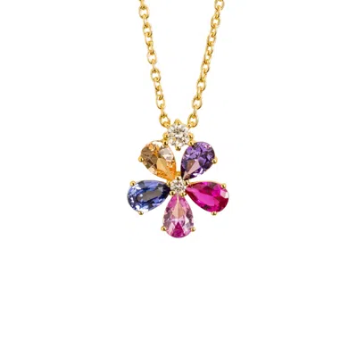 Juvetti Women's Blue / Pink Florea Gold Necklace With Diamonds, Blue Sapphire, Pink Sapphire & Champagne Sap In Multi