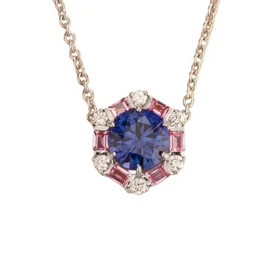 Juvetti Women's Blue / Pink / Silver Melba Blue Sapphire, Pink Sapphire & Diamond Halo Hexagon Pendant Neckl In Blue/pink/silver