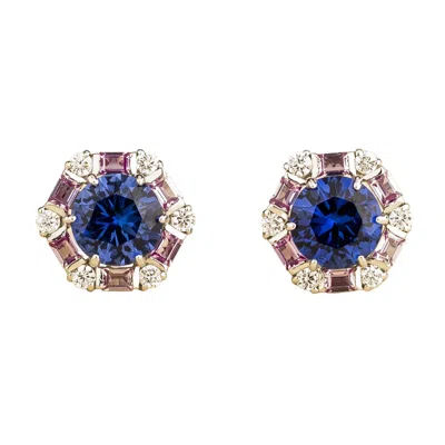 Juvetti Women's Blue / Pink / Silver Melba Blue Sapphire, Pink Sapphire & Diamond Halo Hexagon Stud Earrings In Blue/pink/silver