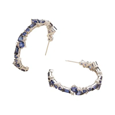 Juvetti Women's Blue / White Blue Sapphires & Diamonds Lanna Hoop White Gold Earrings