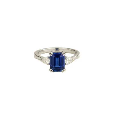 Juvetti Women's Blue / White / Silver Ailes Blue Sapphire Emerald-cut Ring With Pear Side Diamonds In White  In Multi