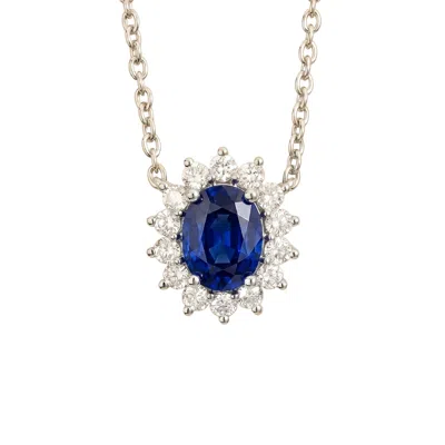 Juvetti Women's Blue / White / Silver Divo Oval Blue Sapphire & Diamond Halo White Gold Necklace In Multi