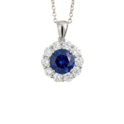 Juvetti Women's Blue / White / Silver Floret Blue Sapphire Round & Diamond Halo Pendant Necklace In White Go In Blue/white/silver