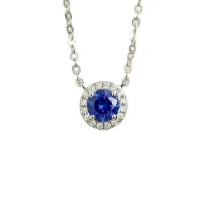 Juvetti Women's Blue / White / Silver Mars Blue Sapphire Round & Diamond Halo Necklace In White Gold In Blue/white/silver