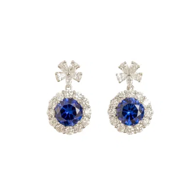 Juvetti Women's Blue / White / Silver Round Blue Sapphire Halo Pendant Earrings With Flower Bail In White Go