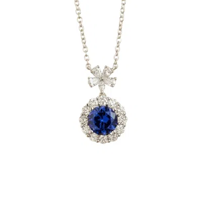 Juvetti Women's Blue / White / Silver Round Blue Sapphire Halo Pendant Necklace With Flower Bail In White Go In Multi