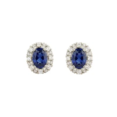 Juvetti Women's Blue / White / Silver Viva Oval Blue Sapphire Halo Stud Earrings With Diamond Accents In Whi In Multi