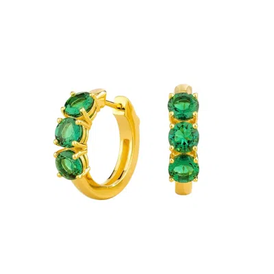 Juvetti Women's Gold / Green Tres Emerald Three-stone Huggie Hoop Earrings In Gold In Multi