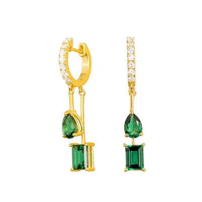 Juvetti Women's Gold / Green / White Faire Emerald & Diamond Pavé Drop Huggie Hoop Earrings In Gold In Multi