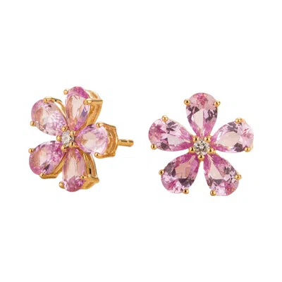 Juvetti Women's Gold / Pink / Purple Florea Gold Earrings In Pink Sapphire And Diamond