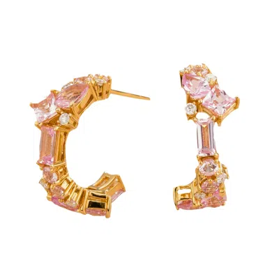 Juvetti Women's Gold / Pink / Purple Pink Sapphires And Diamonds Medium Hoop Lanna Gold Earrings