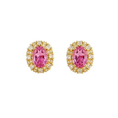 Juvetti Women's Gold / Pink / White Viva Oval Pink Sapphire Halo Stud Earrings With Diamond Accents In Gold In Multi