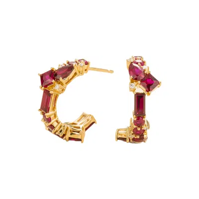 Juvetti Women's Gold / White / Red Lanna Ruby & Diamond Medium Gold Hoop Earrings In Multi