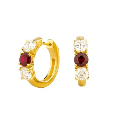 Juvetti Women's Gold / White / Red Tres Ruby & Diamond Three-stone Huggie Hoop Earrings In Gold In Multi