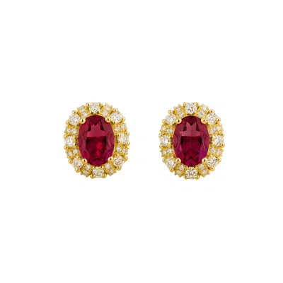 Juvetti Women's Gold / White / Red Viva Oval Ruby Halo Stud Earrings With Diamond Accents In Gold In Multi