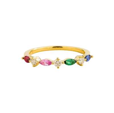 Juvetti Women's Green / Blue / Pink Markiz Gold Ring In Ruby, Pink Sapphire, Emerald, Blue Sapphire & Diamon In Multi