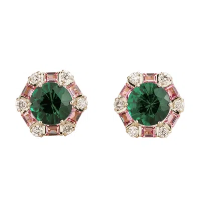 Juvetti Women's Green Melba Emerald, Pink Sapphire & Diamond Halo Hexagon Stud Earrings In White Gold