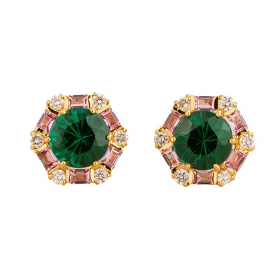 Juvetti Women's Green / Pink / Purple Melba Gold Earrings Emerald, Pink Sapphire & Diamond