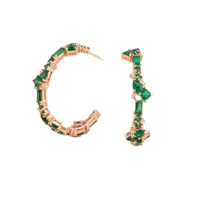 Juvetti Women's Green / Rose Gold Emeralds And Diamonds Lanna Hoop Rose Gold Earrings