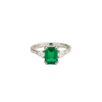 Juvetti Women's Green / White / Silver Ailes Emerald Emerald-cut Ring With Pear Side Diamonds In White Gold In Multi