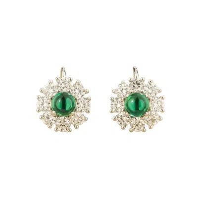 Juvetti Women's Green / White / Silver Lisa Round Cabochon Emerald Halo Leverback Earrings In White Gold In Multi