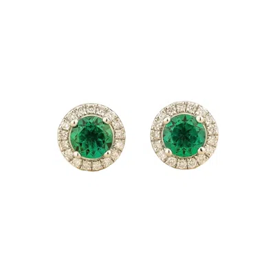 Juvetti Women's Green / White / Silver Mars Emerald Round & Diamond Halo Earrings In White Gold In Green/white/silver