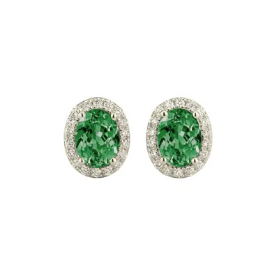Juvetti Women's Green / White / Silver Mina Oval Emerald & Diamond Halo Earrings In White Gold / Green In Multi