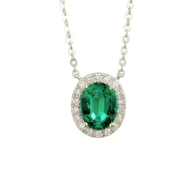 Juvetti Women's Green / White / Silver Mina Oval Emerald & Diamond Halo Necklace In White Gold / Green In Multi