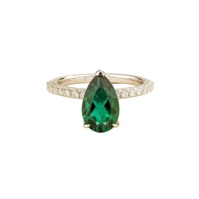Juvetti Women's Green / White / Silver Ostry Emerald Pear-cut & Diamond Pave Shoulder Ring