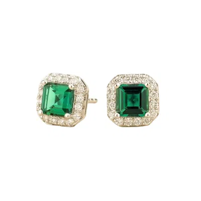 Juvetti Women's Green / White / Silver Piazza Emerald Asscher Cut Stud Earrings With Diamond Halo In White G In Multi