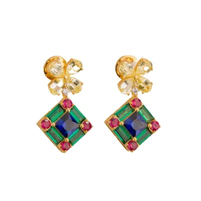 Juvetti Women's Medina Gold Earrings Yellow Sapphire, Blue Sapphire, Ruby, Emerald & Diamond