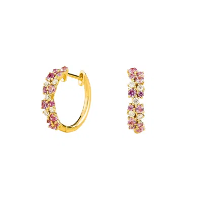 Juvetti Women's Pink / Gold / White Starry Gold Huggie Earrings Set With Pink Sapphire & Diamonds