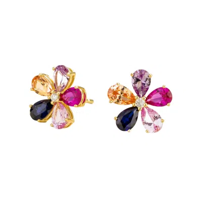 Juvetti Women's Pink / Purple / Gold Florea Gold Earrings Diamonds, Blue Sapphire, Pink Sapphire & Champagne In Multi