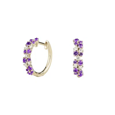 Juvetti Women's Purple / White / Silver Starry Purple Sapphire & Diamond Cluster Huggie Hoop Earrings In Whi